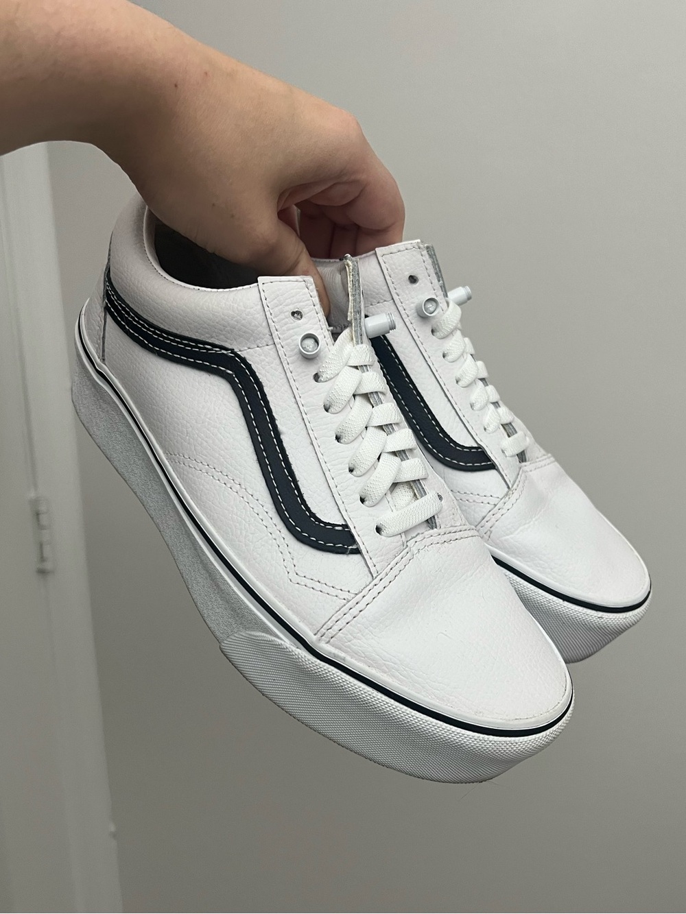 Vans Old Skool Stackform Leather Platform White Sneakers with Black Stripe